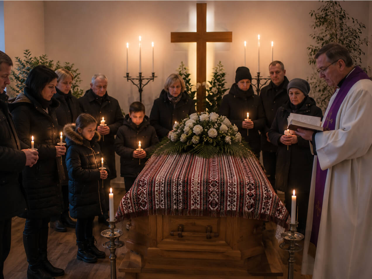 Katoļu bēres Latvijā atvadu zālē, priesterim lasot lūgšanu