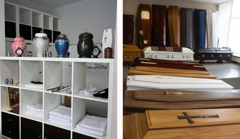 Various urns and sarcophagus are available at Latgales funeral branch Angel