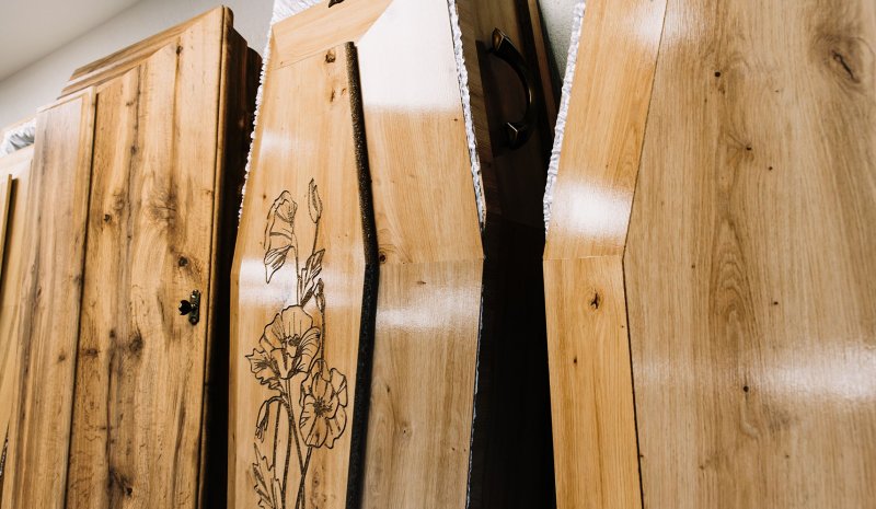 Wooden caskets at Funeral Home Angel, Jurmala